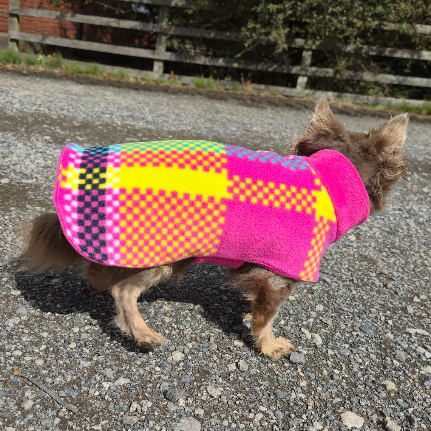 Waterproof Fleece Dog Coat DOUBLE Thickness Bright Check Print Design