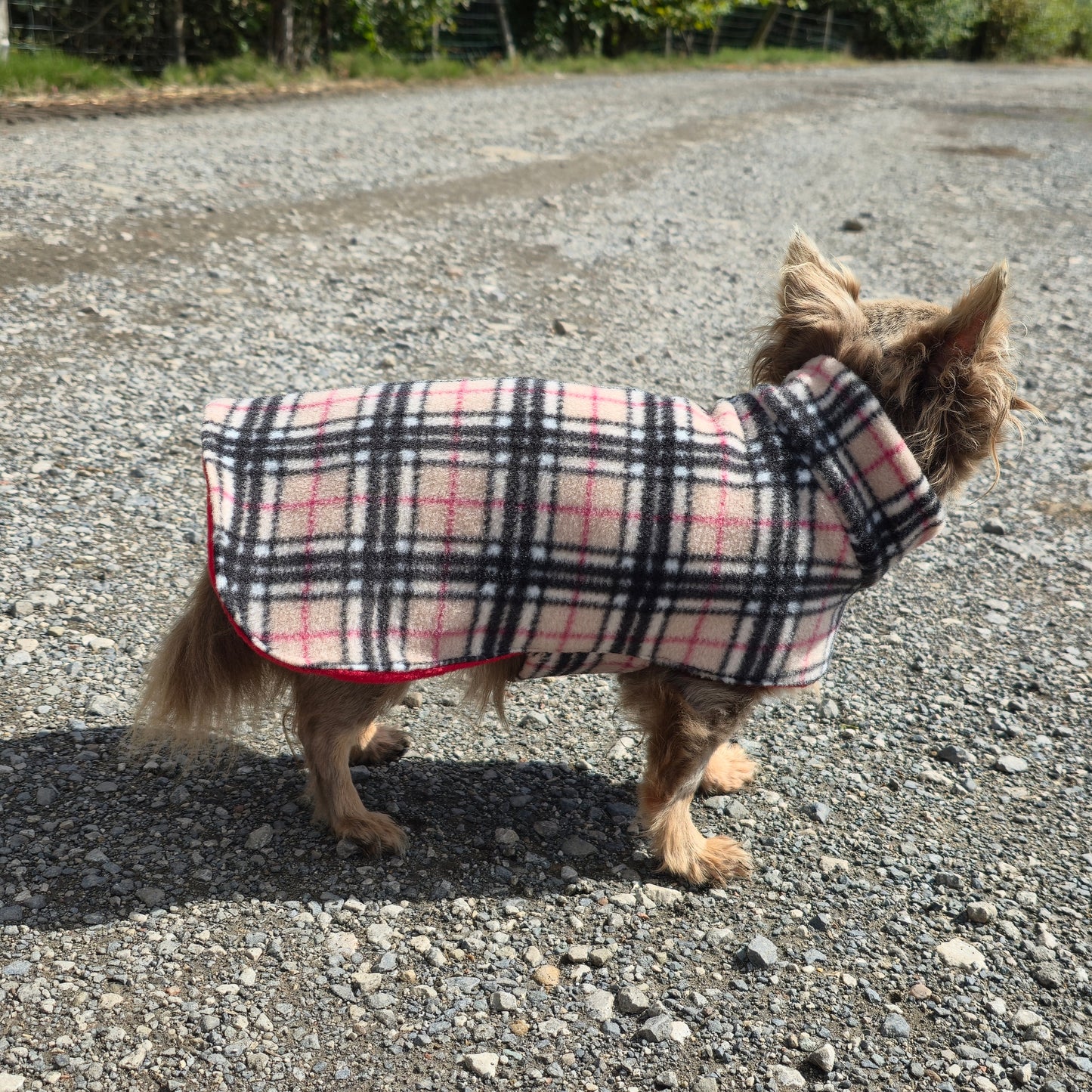 Waterproof Fleece Dog Coat DOUBLE Thickness Beige Tartan Print Design