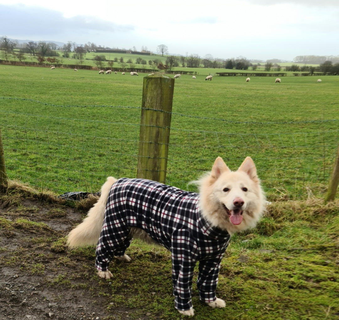 Waterproof Fleece Suit in Black White Tartan Print Design Also Available as a Jumper Tankie or Coat