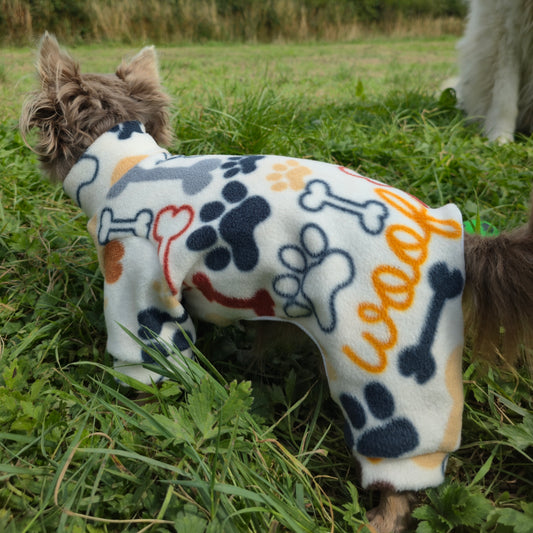 Cute Bone, Paw & Woof! Design Waterproof Fleece Suit Also Available as a Jumper Tankie or Coat