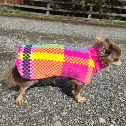 Waterproof Fleece Dog Coat DOUBLE Thickness Bright Check Print Design