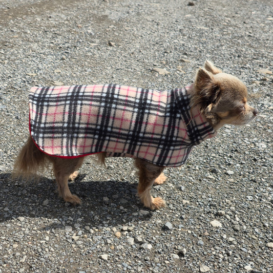 Waterproof Fleece Dog Coat DOUBLE Thickness Beige Tartan Print Design