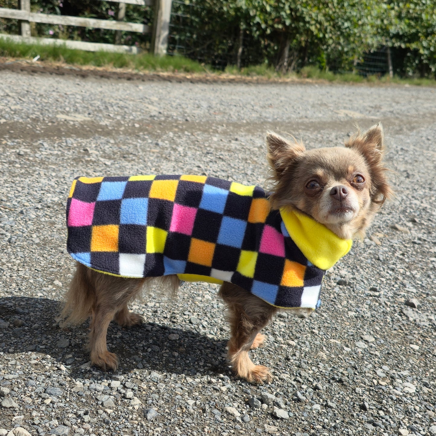 Waterproof Fleece Dog Coat DOUBLE Thickness Bright Check Print Design