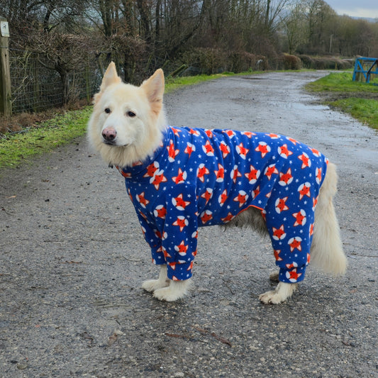 Waterproof Fleece Suit in Blue Fox Print Design Also Available as a Jumper or Coat