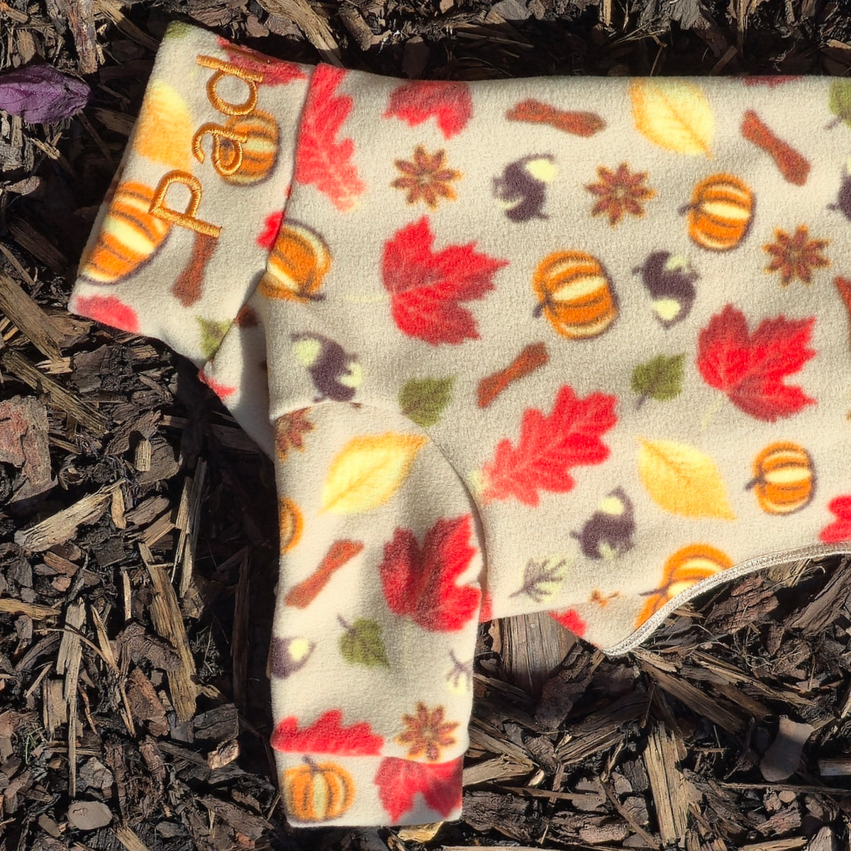 Waterproof Fleece Suit in Autumn Fall Pumpkin Leaf Bright Print Design Also Available as a Jumper or Coat