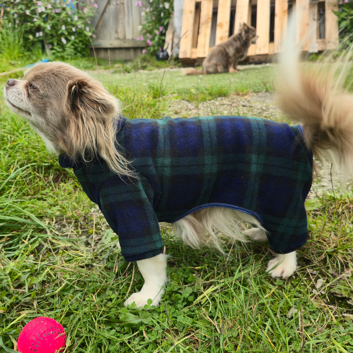 Waterproof Fleece Suit in Black Watch Blue Green Tartan Print Design Also Available as a Jumper or Coat