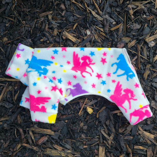 Waterproof Fleece Suit in Rainbow Unicorn Print Design Also Available as a Jumper or Coat