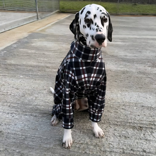 Waterproof Fleece Suit in Black White Tartan Print Design Also Available as a Jumper Tankie or Coat