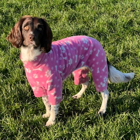 Waterproof Fleece Suit in Pink Paws & Bones Design Also Available as a Jumper or Coat