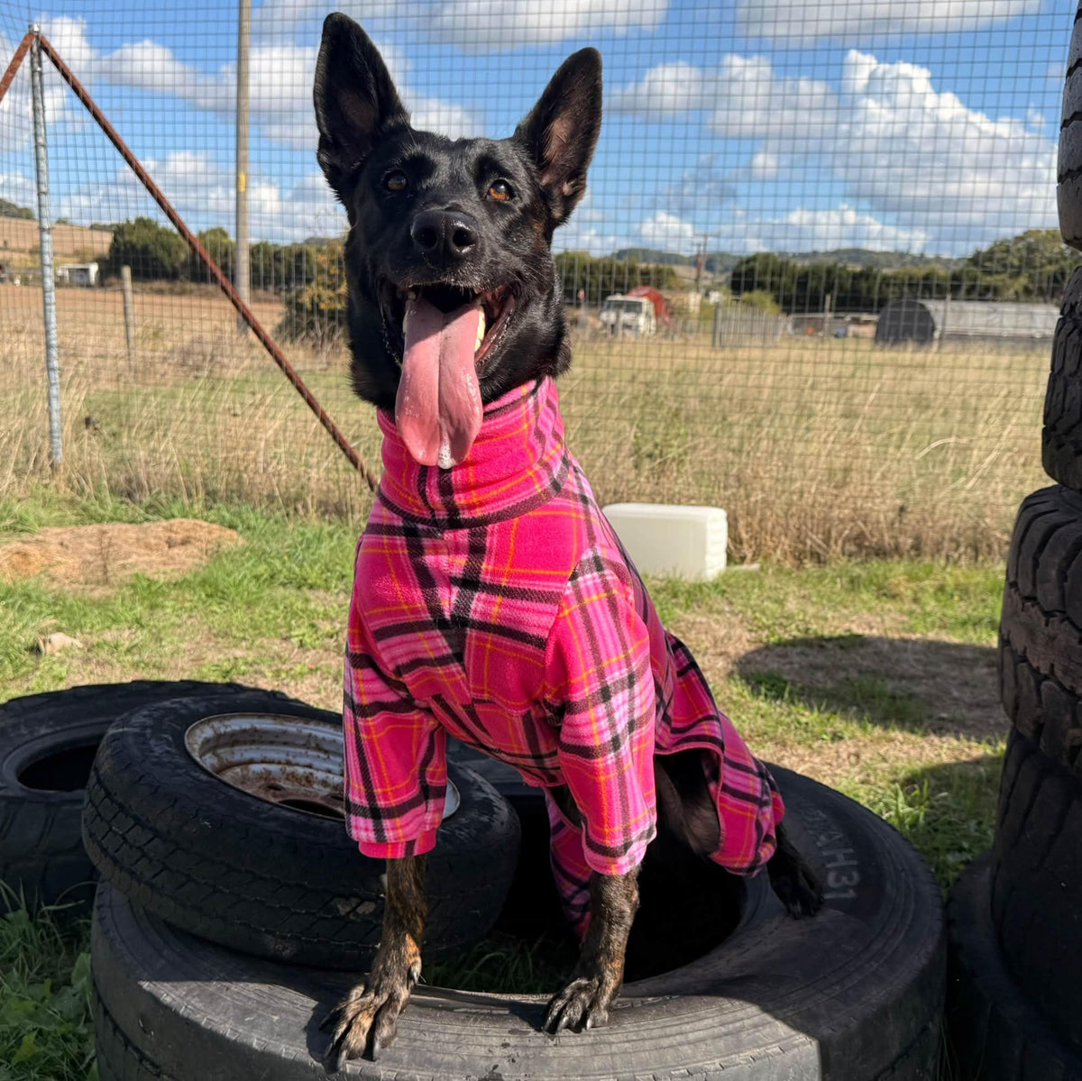 Waterproof Fleece Suit in Bright Pink Tartan Print Design Also Available as a Jumper or Coat
