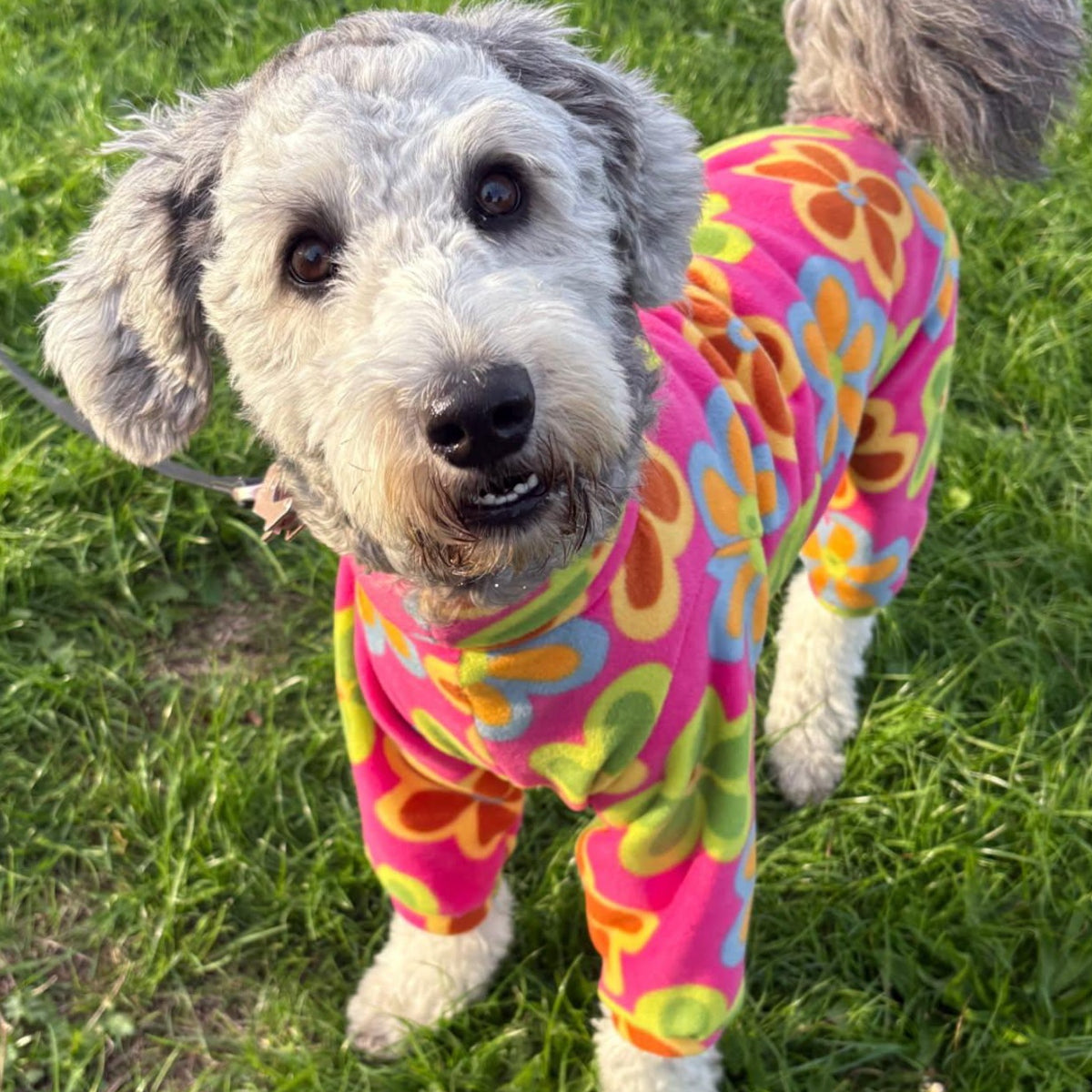 Waterproof Fleece Suit in Bright Pink Retro Flower Print Design Also Available as a Jumper or Coat