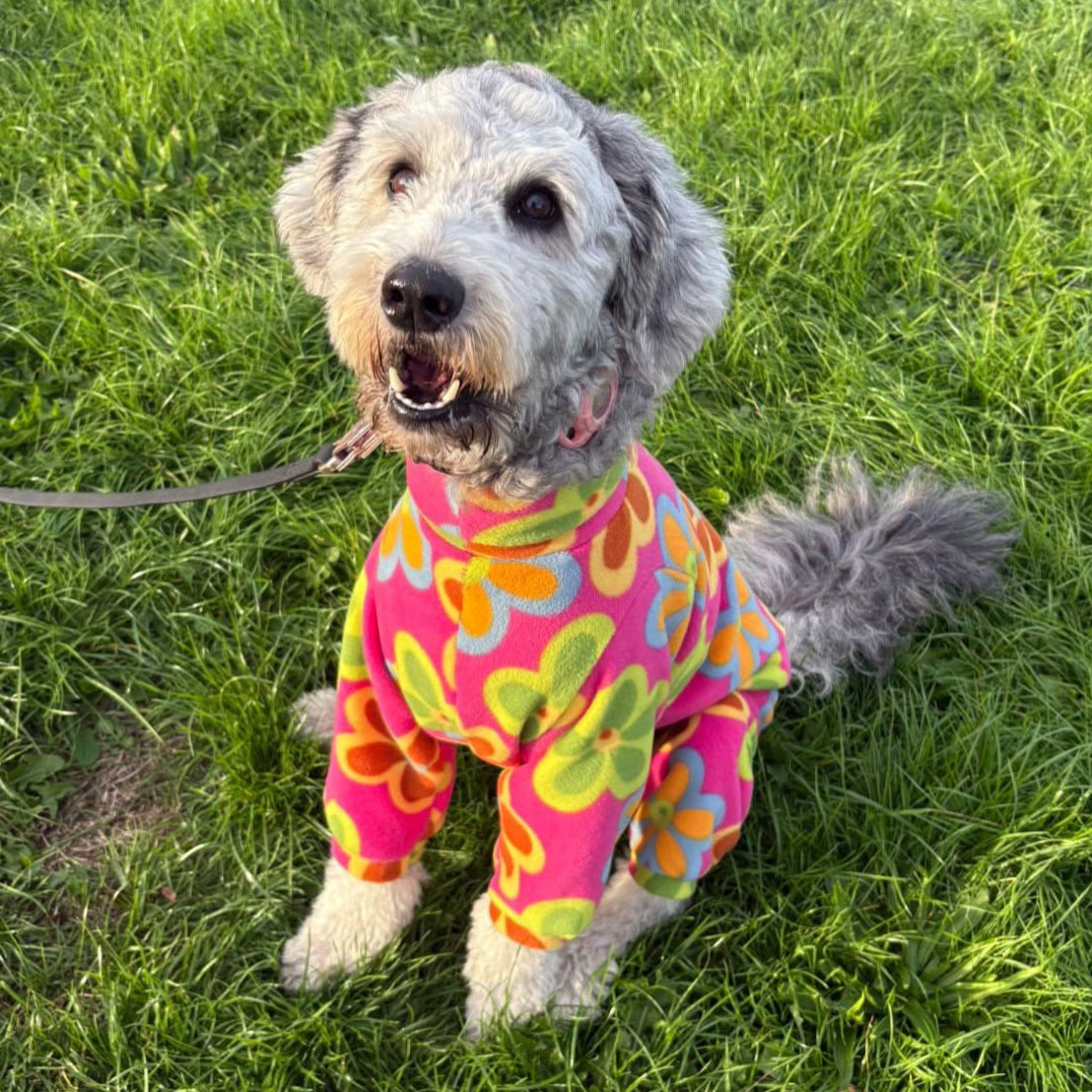 Waterproof Fleece Suit in Bright Pink Retro Flower Print Design Also Available as a Jumper or Coat