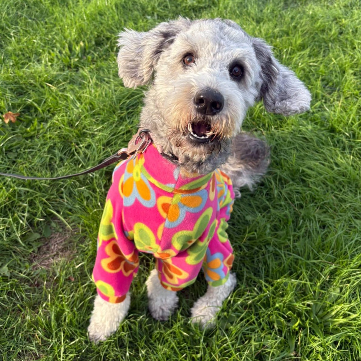 Waterproof Fleece Suit in Bright Pink Retro Flower Print Design Also Available as a Jumper or Coat