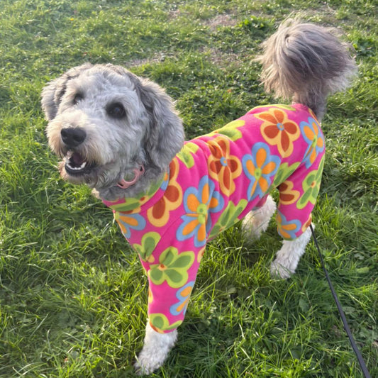 Waterproof Fleece Suit in Bright Pink Retro Flower Print Design Also Available as a Jumper or Coat
