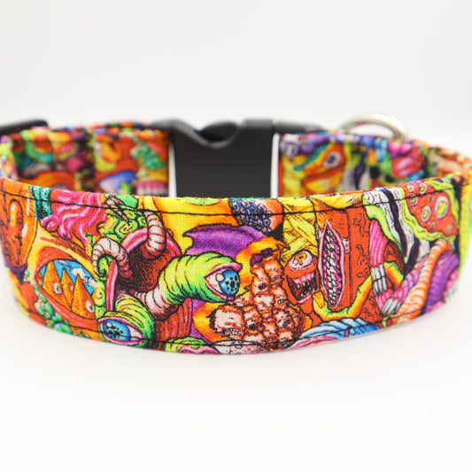 Halloween Dog Collar in Monster Horror Fabric Up to 38mm Width