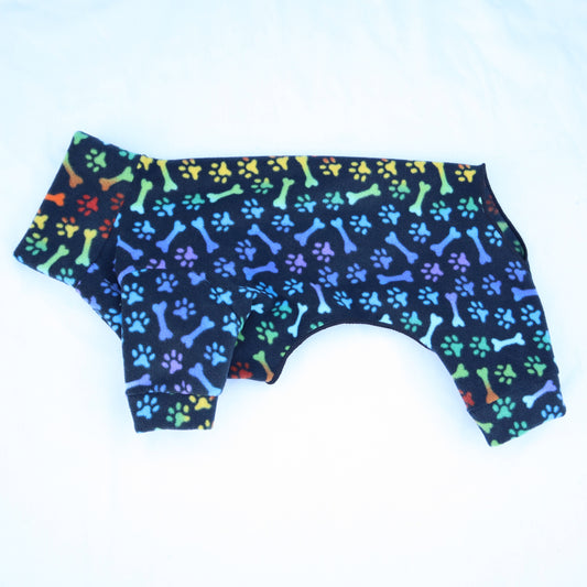 Waterproof Fleece Suit in Rainbow Paws & Bones Design Also Available as a Jumper or Coat