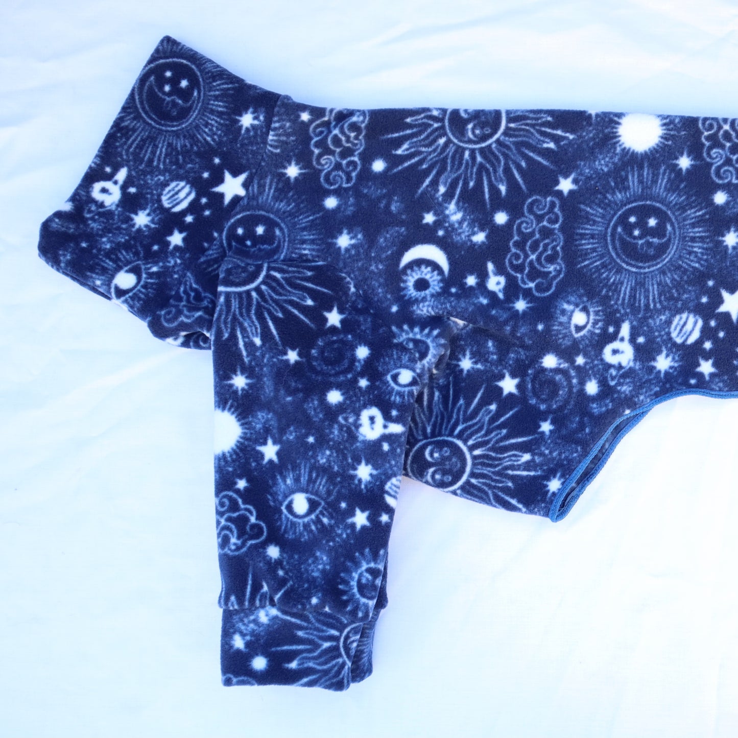 Waterproof Fleece Suit in Navy Celestial Star Moon Print Design Also Available as a Jumper or Coat