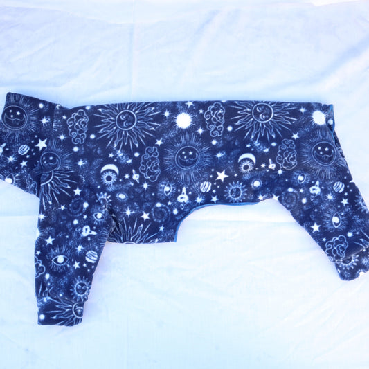 Waterproof Fleece Suit in Navy Celestial Star Moon Print Design Also Available as a Jumper or Coat