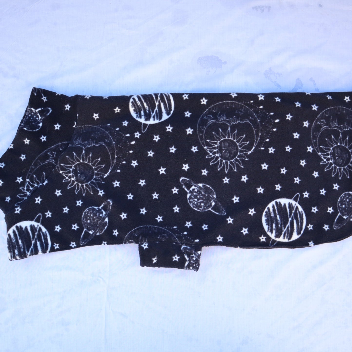 Waterproof Fleece Coat in Black Celestial Star Moon Print Design Also Available as a Jumper or Suit