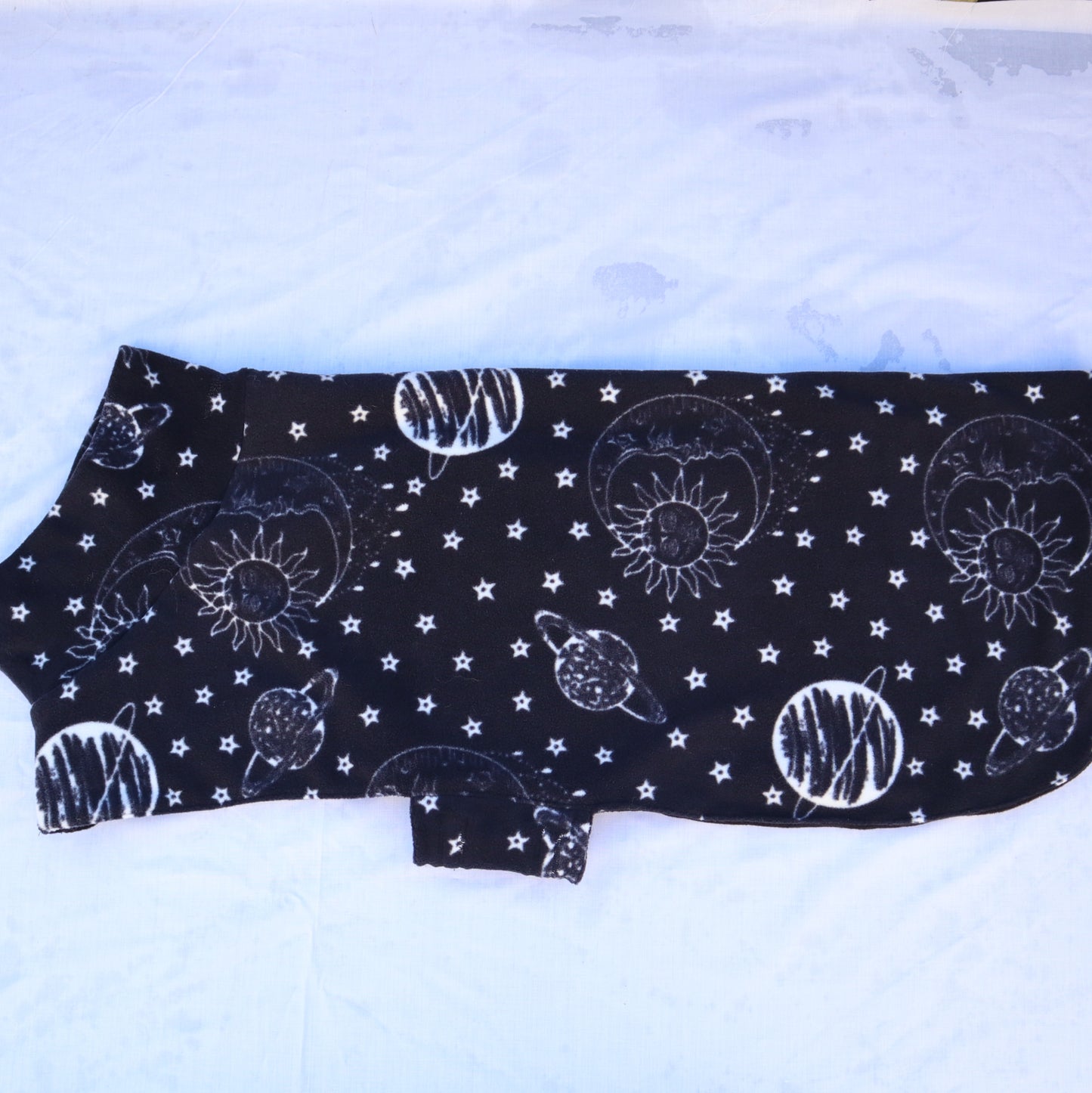 Waterproof Fleece Coat in Black Celestial Star Moon Print Design Also Available as a Jumper or Suit