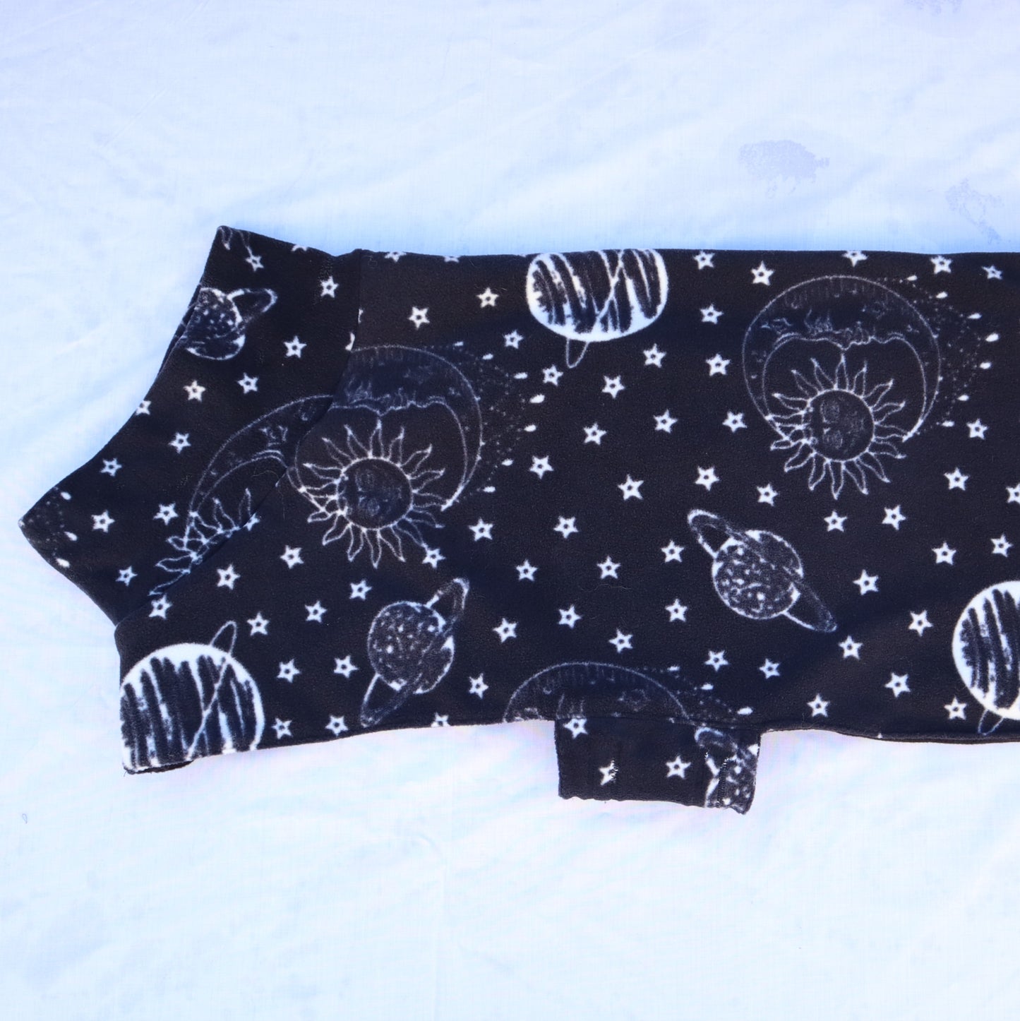 Waterproof Fleece Coat in Black Celestial Star Moon Print Design Also Available as a Jumper or Suit