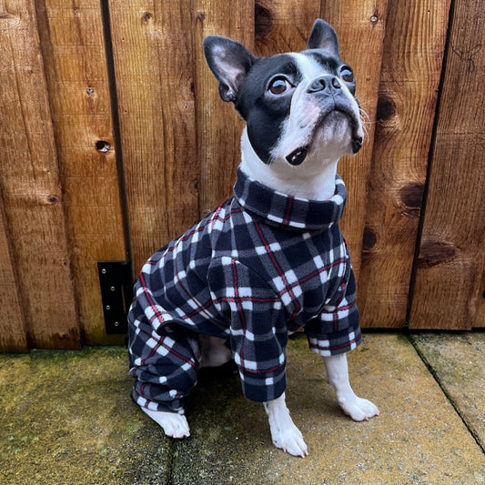 Waterproof Fleece Suit in Black White Tartan Print Design Also Available as a Jumper or Coat