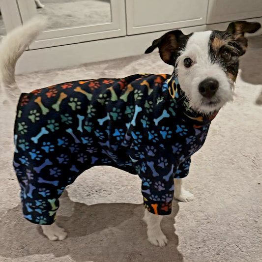 Waterproof Fleece Suit in Black Rainbow Paws & Bones Print Design Also Available as a Jumper or Coat
