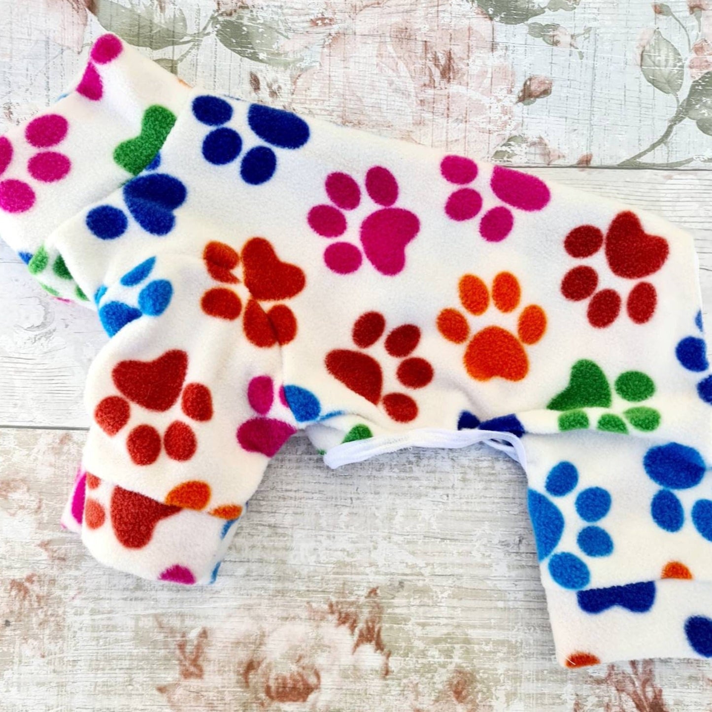 Waterproof Fleece Suit in White Rainbow Paw Print Design Also Available as a Jumper Tankie or Coat